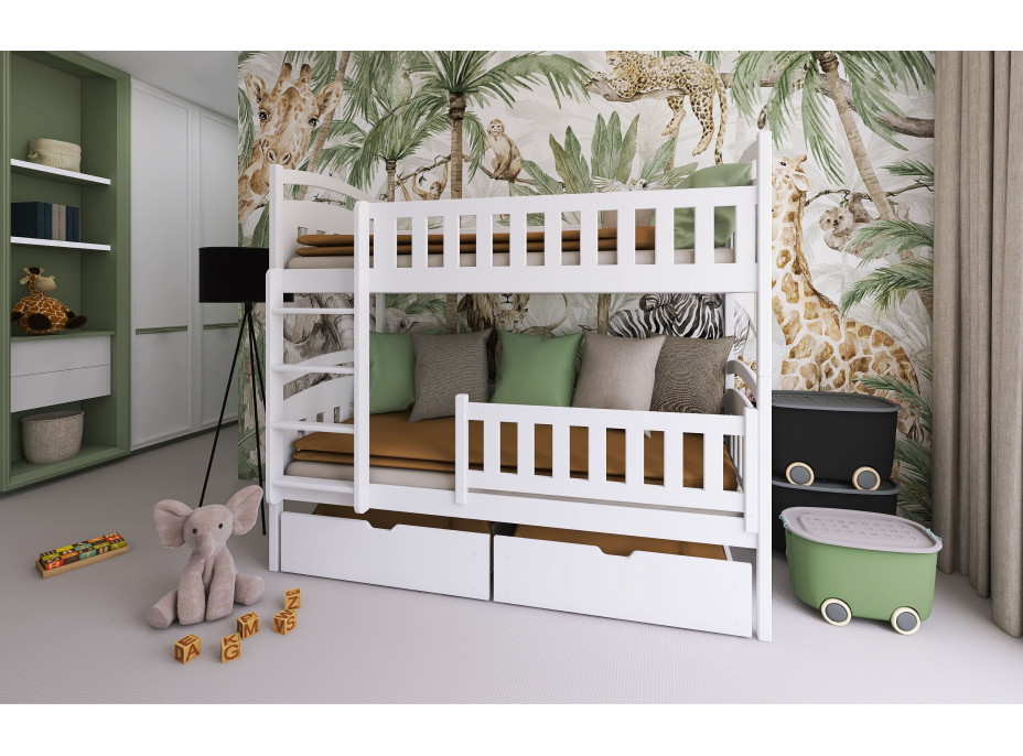 Detská poschodová posteľ z masívu borovice igorek so zásuvkami - 200x90 cm - BIELA