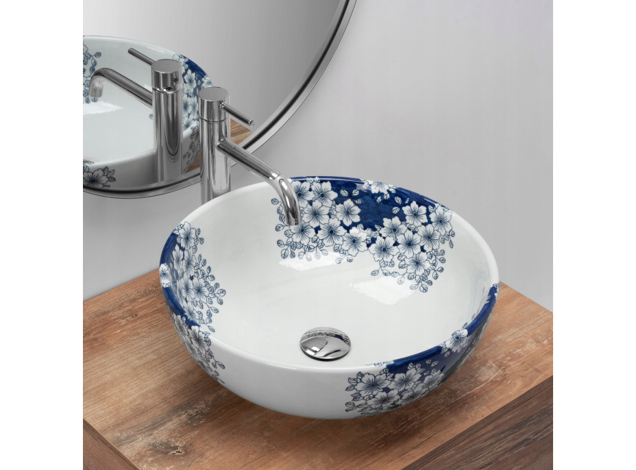 Keramické umývadlo Rea FIORI - biele/modré - vzor kvetín