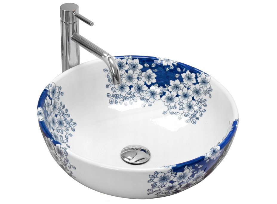 Keramické umývadlo Rea FIORI - biele/modré - vzor kvetín