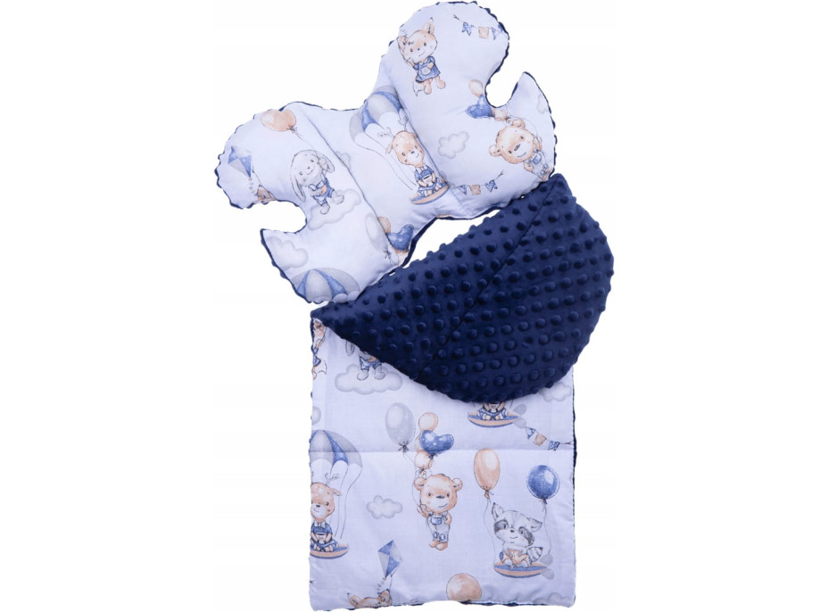 Obojstranné hniezdočko (kokon) pre bábätko - PREMIUM set 7v1 - Prechádzka v oblakoch s tmavomodrou minky
