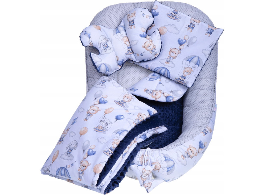 Obojstranné hniezdočko (kokon) pre bábätko - PREMIUM set 7v1 - Prechádzka v oblakoch s tmavomodrou minky