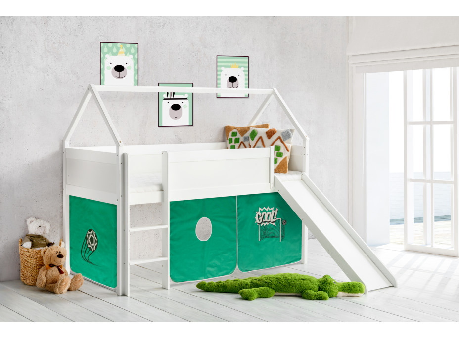 Detská domčeková VYVÝŠENÁ posteľ so šmykľavkou FUTBAL - 200x90 cm - BIELA