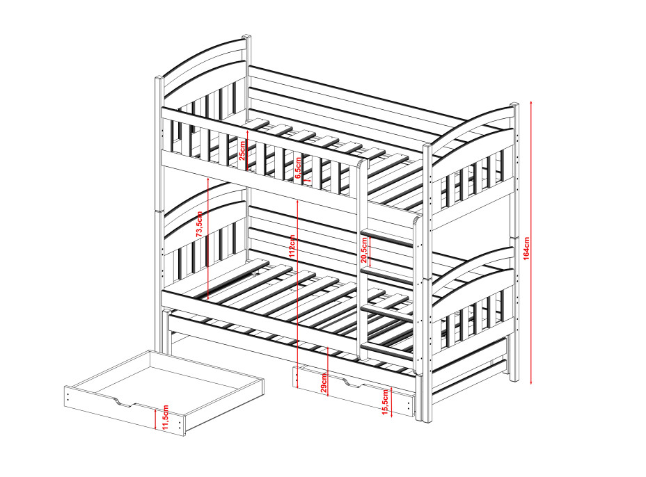 Detská poschodová posteľ z masívu BOHDANA s prístelkou a šuplíky - 200x90 cm - PRÍRODNÁ BOROVICA
