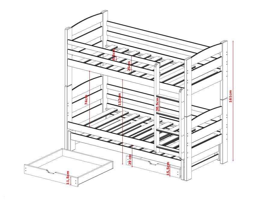 Detská poschodová posteľ z masívu CYRIL s prístelkou a šuplíky - 200x90 cm - BIELA