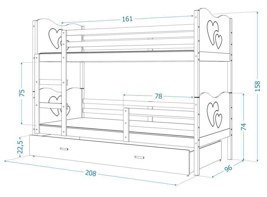 Detská poschodová posteľ s prístelkou MAX Q - 200x90 cm - srdiečka