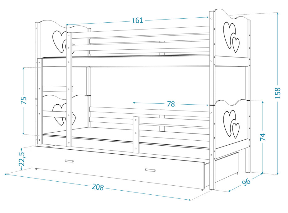 Detská poschodová posteľ s prístelkou MAX Q - 200x90 cm - sivá / borovica - srdiečka