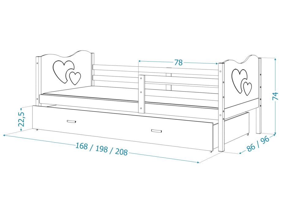 Detská posteľ so zásuvkou MAX S - 200x90 cm - biela - srdiečka