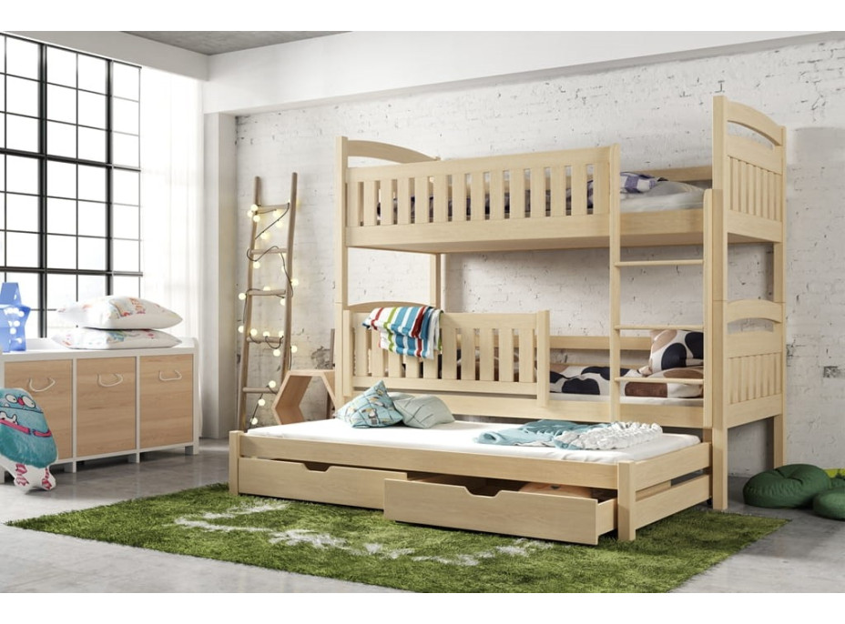 Detská poschodová posteľ z masívu BOHDANA s prístelkou a šuplíky - 200x90 cm - PRÍRODNÁ BOROVICA
