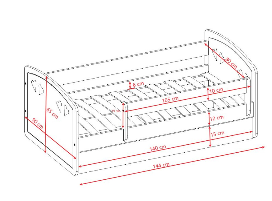 Detská srdiečková posteľ JULIE sa zásuvkou - ružová 140x80 cm