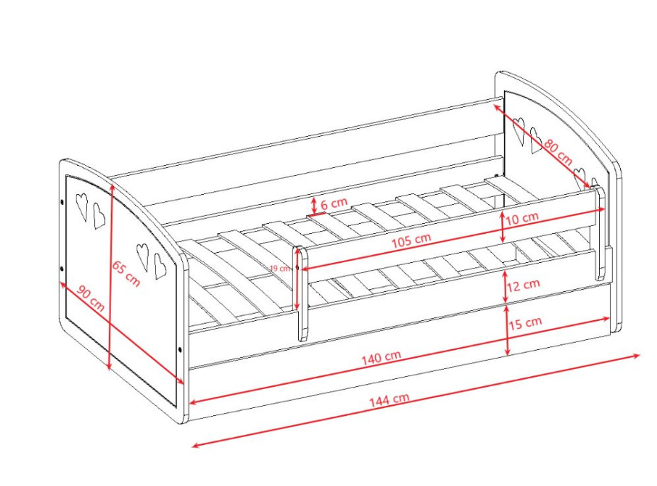 Detská srdiečková posteľ JULIE so zásuvkou - sivá 140x80 cm