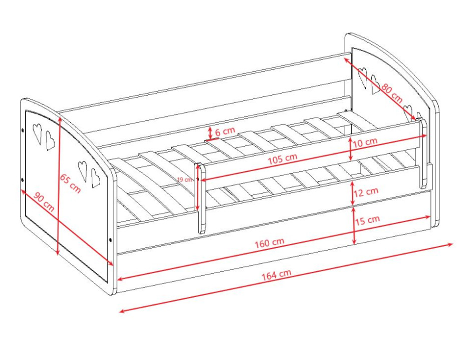 Detská srdiečková posteľ JULIE so zásuvkou - biela 160x80 cm
