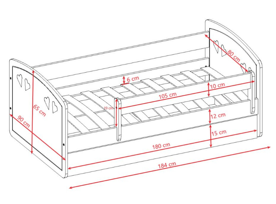 Detská srdiečková posteľ JULIE so zásuvkou - ružová 180x80 cm