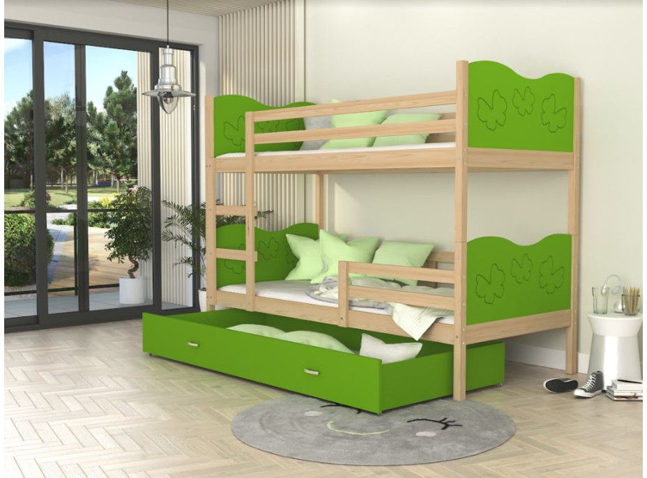 Detská poschodová posteľ so zásuvkou MAX R - 200x90 cm - zelená / borovica - motýle