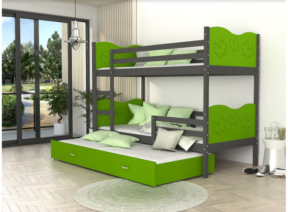 Detská poschodová posteľ s prístelkou MAX Q - 200x90 cm - zeleno-šedá - motýle