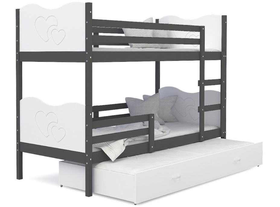 Detská poschodová posteľ s prístelkou MAX Q - 200x90 cm - bielo-sivá - srdiečka