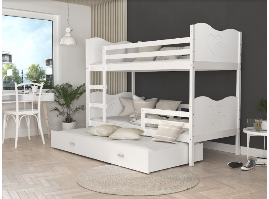 Detská poschodová posteľ s prístelkou MAX Q - 200x90 cm - srdiečka