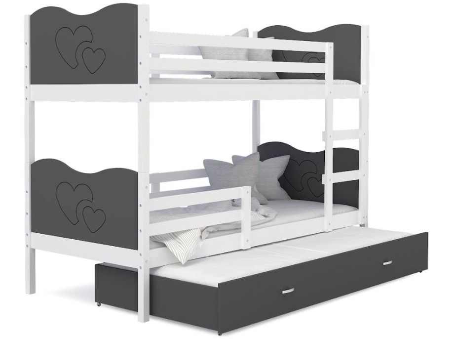 Detská poschodová posteľ s prístelkou MAX Q - 200x90 cm - šedo-biela - srdiečka
