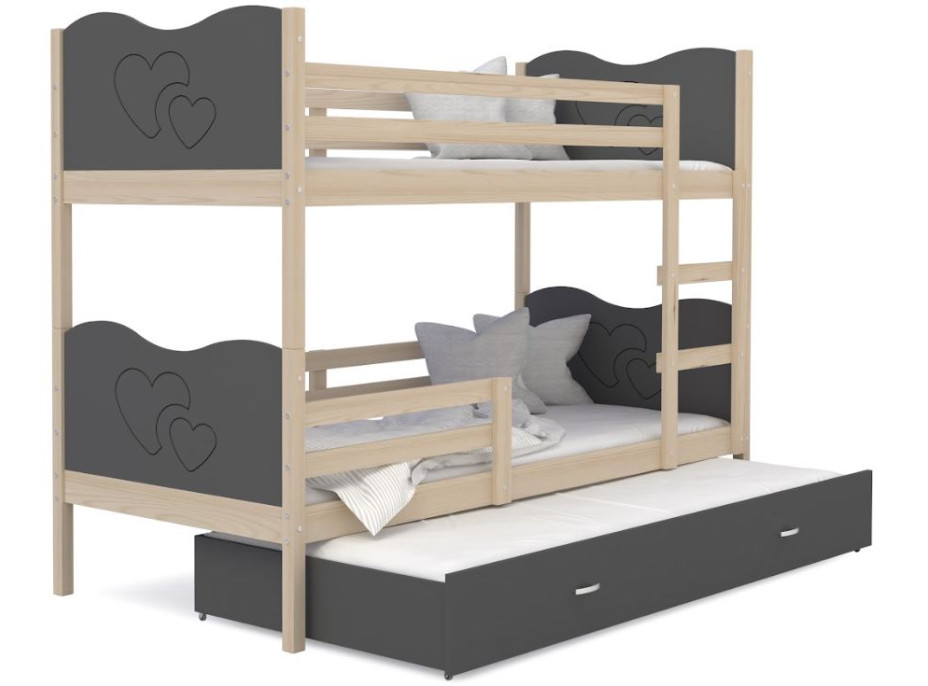 Detská poschodová posteľ s prístelkou MAX Q - 200x90 cm - sivá / borovica - srdiečka