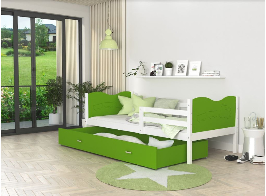Detská posteľ so zásuvkou MAX S - 200x90 cm - zeleno-biela - vláčik