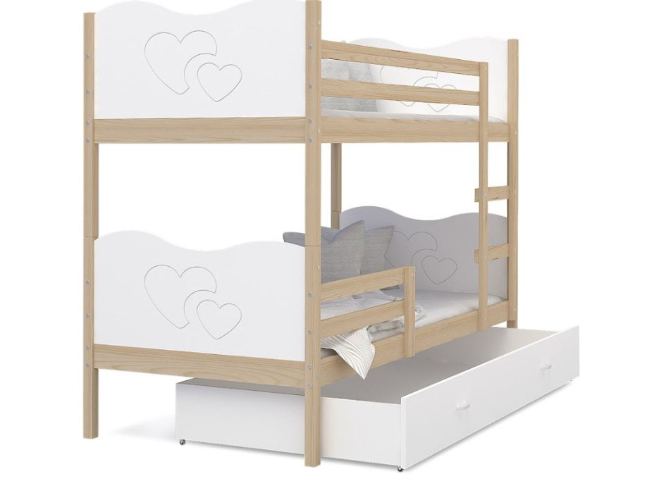 Detská poschodová posteľ so zásuvkou MAX R - 200x90 cm - biela / borovica - srdiečka