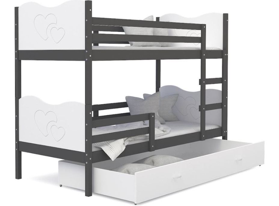 Detská poschodová posteľ so zásuvkou MAX R - 200x90 cm - bielo-sivá - srdiečka