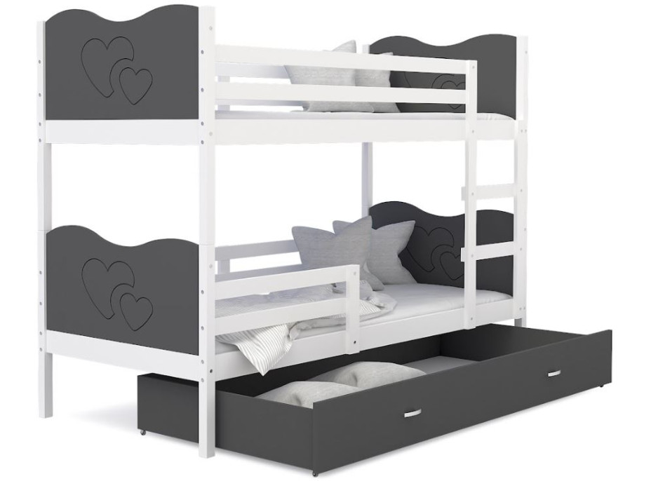 Detská poschodová posteľ so zásuvkou MAX R - 200x90 cm - šedo-biela - srdiečka