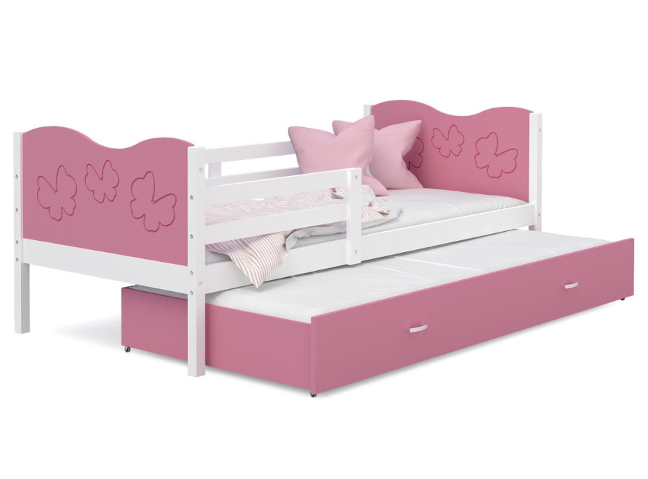 Detská posteľ s prístelkou MAX W - 200x90 cm - ružovo-biela - motýle