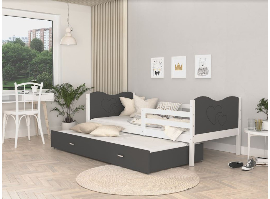 Detská posteľ s prístelkou MAX W - 200x90 cm - šedo-biela - srdiečka