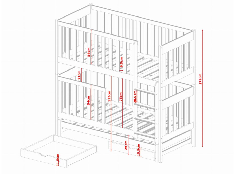 Detská poschodová posteľ z masívu EMIL s prístelkou a šuplíky - 200x90 cm - biela