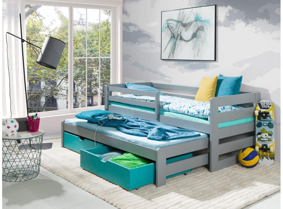 Detská posteľ z masívu SANDRA s prístelkou a šuplíky - 200x90 cm - ŠEDÁ