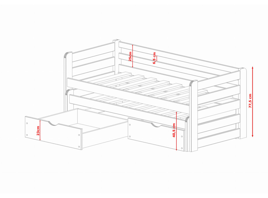 Detská posteľ z masívu SANDRA s prístelkou a šuplíky - 200x90 cm - ŠEDÁ