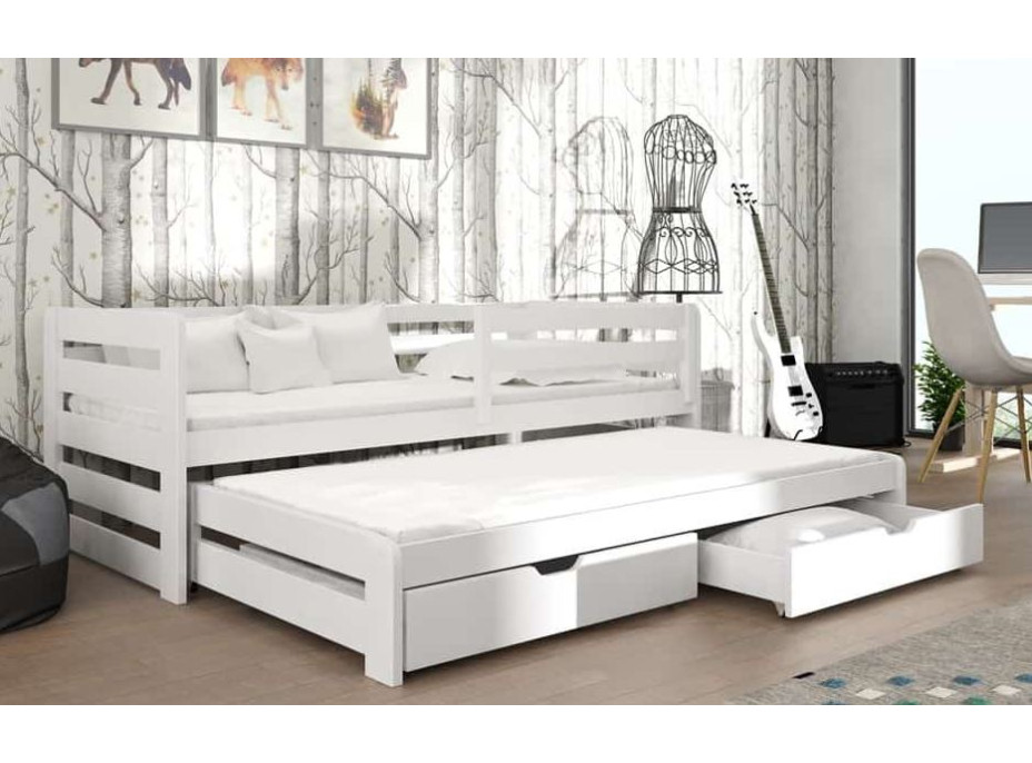 Detská posteľ z masívu borovice s prístelkou a šuplíky SANDRA - 200x90 cm - BIELA