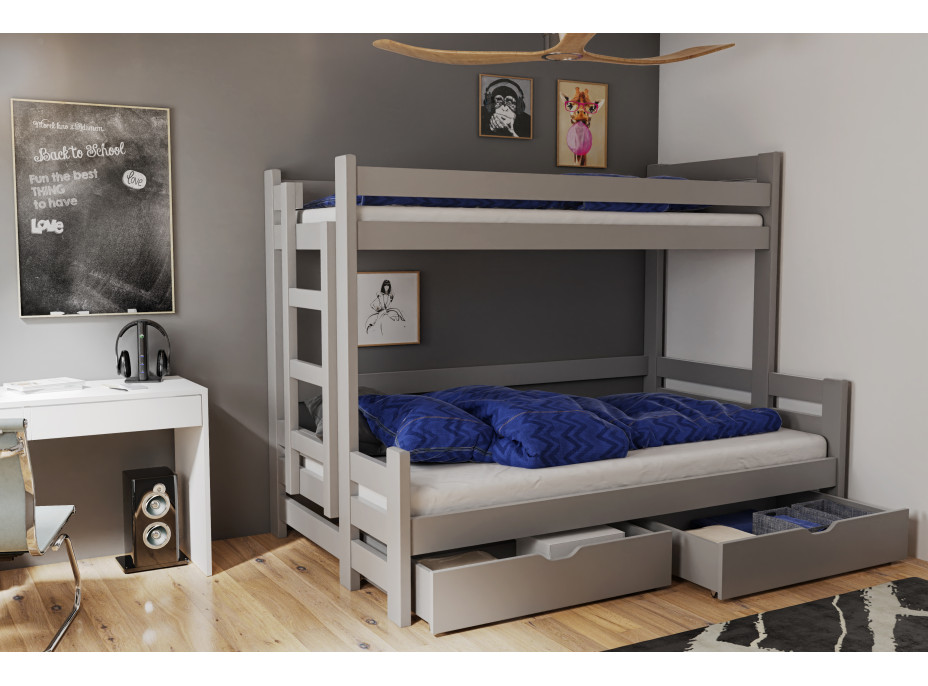 Detská poschodová posteľ s rozšíreným spodným lôžkom a zásuvkami BENJAMIN - šedá - 200x90/120 cm