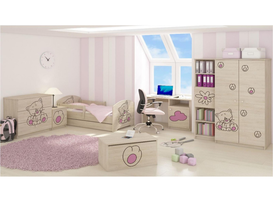 Detská posteľ so šuplíkom s výrezom MAČIČKA - ružová 140x70 cm + matrac ZADARMO - NÓRSKA BOROVICA - 2x krátka zábrana