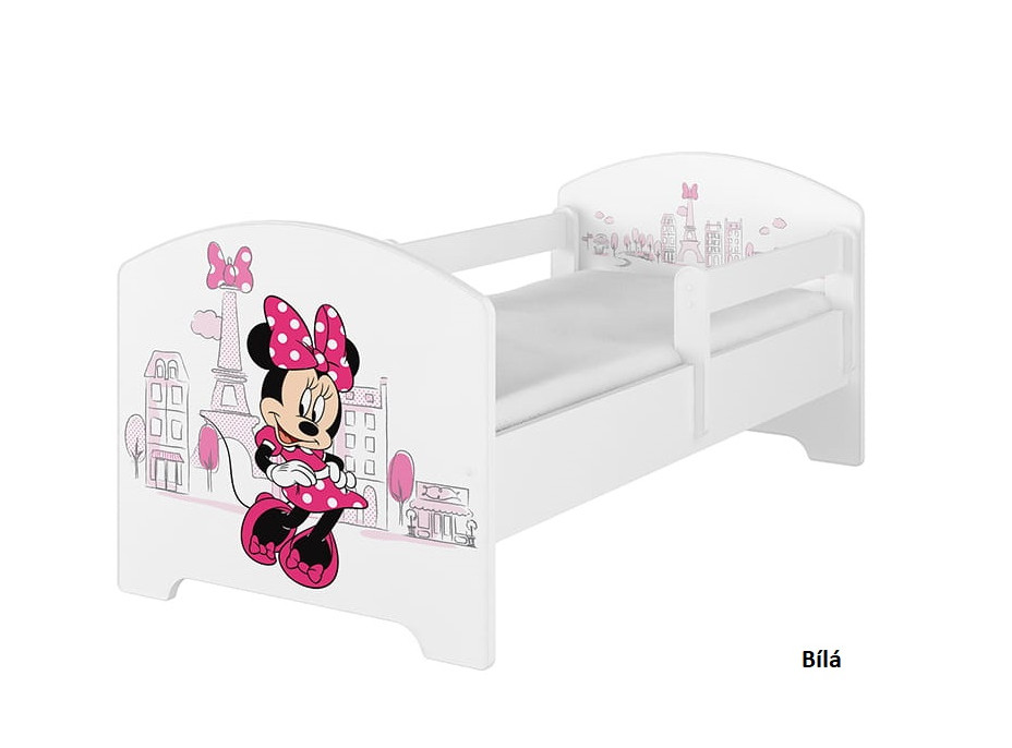 Detská posteľ Disney so šuplíkom - MYŠKA MINNIE PARIS 140x70 cm BIELA - 1 krátka + 1 dlhá zábrana
