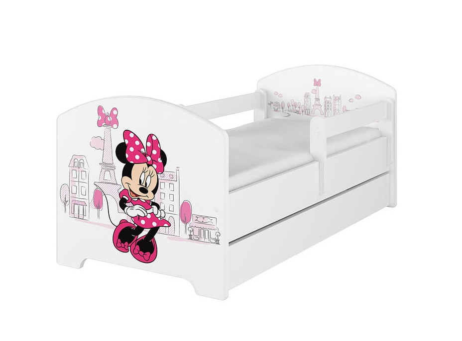 Detská posteľ Disney so šuplíkom - MYŠKA MINNIE PARIS 140x70 cm BIELA - 1 krátka + 1 dlhá zábrana