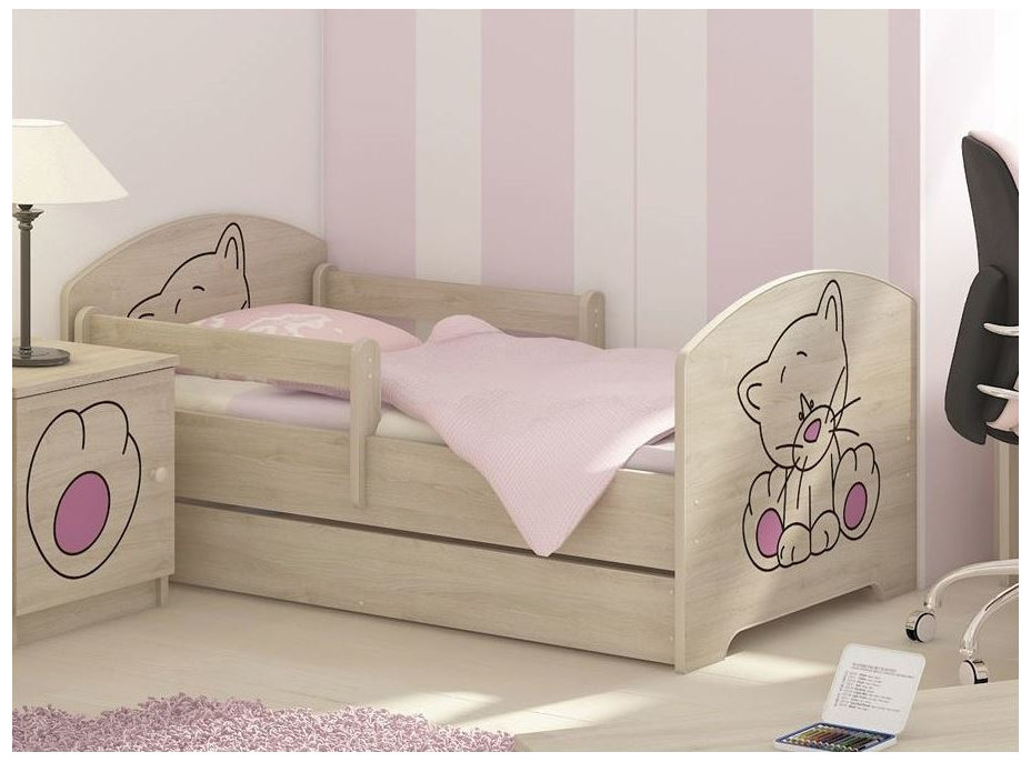 Detská posteľ so šuplíkom s výrezom MAČIČKA - ružová 140x70 cm + matrac ZADARMO - NÓRSKA BOROVICA - 2x krátka zábrana