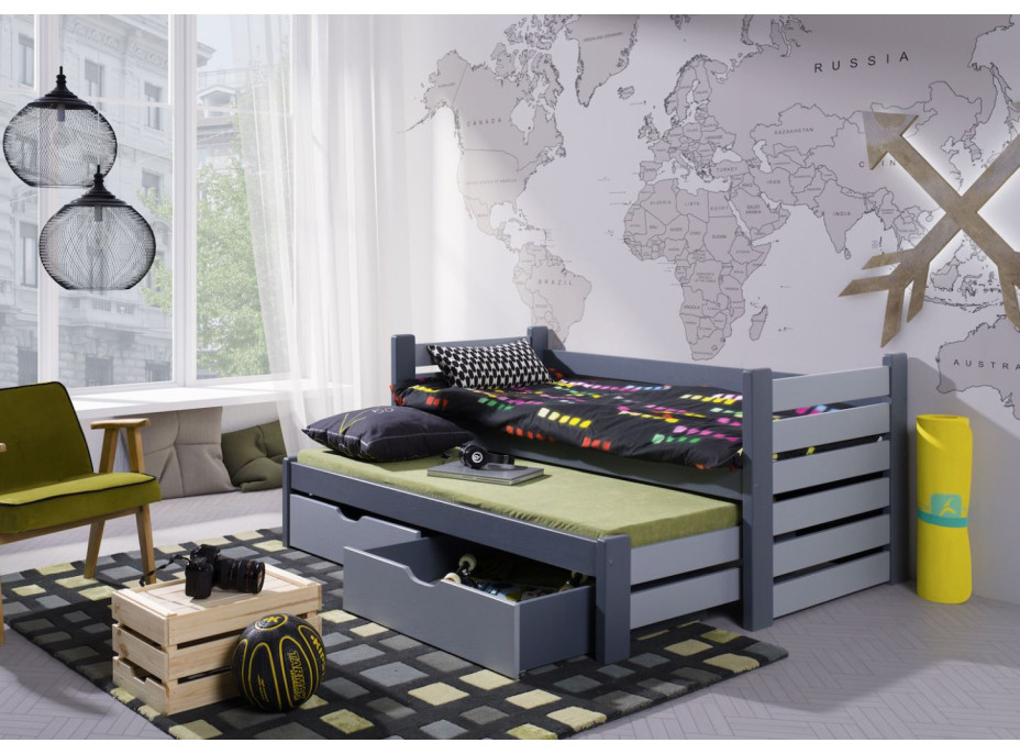 Detská posteľ z masívu MATYÁŠ s prístelkou a šuplíkmi - 200x90 cm - grafit/sivá