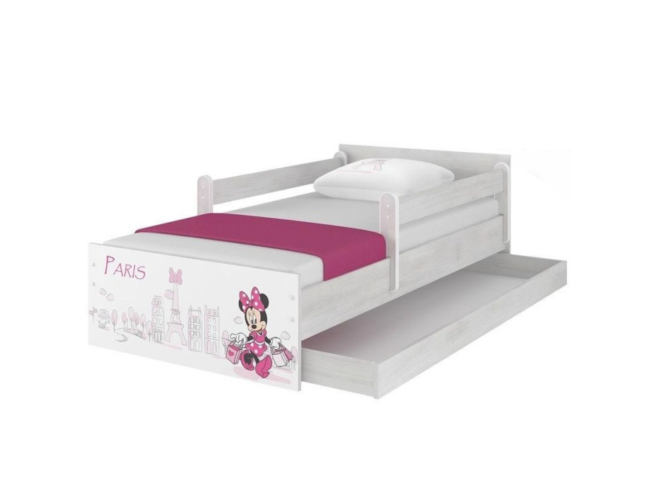Detská posteľ MAX so šuplíkom Disney - MINNIE PARIS 180x90 cm NÓRSKA BOROVICA - 2x krátka zábrana