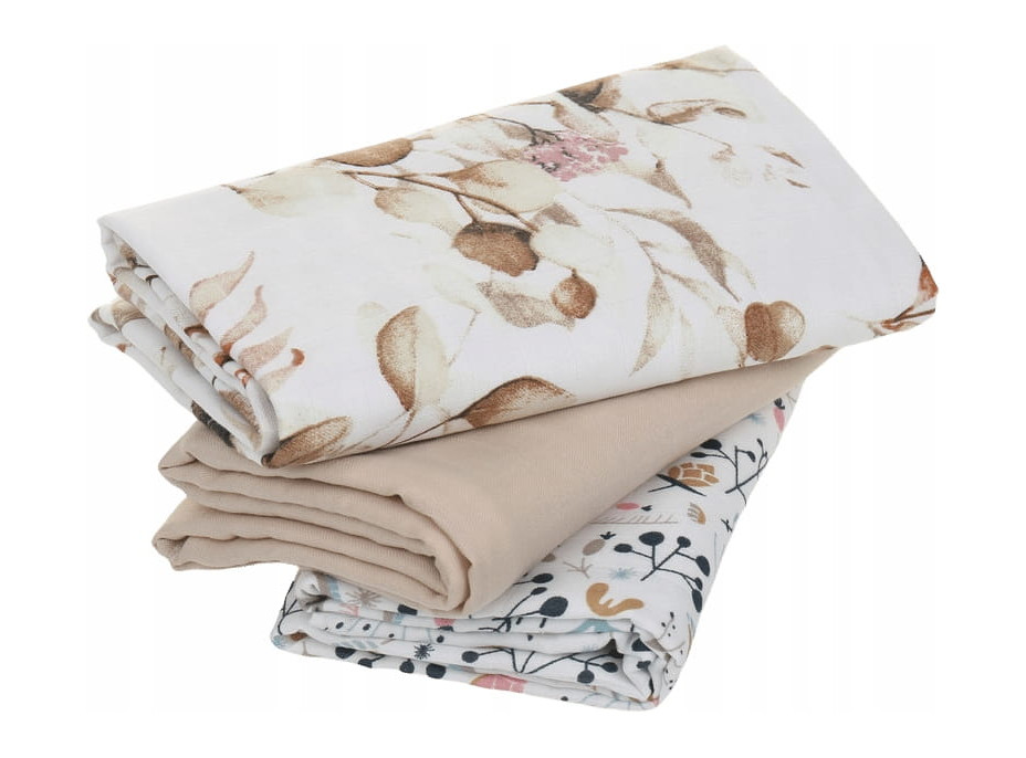 Detské mušelínové plienky PREMIUM 70x75 cm - sada 3 ks - Zlaté kvety a kríčky