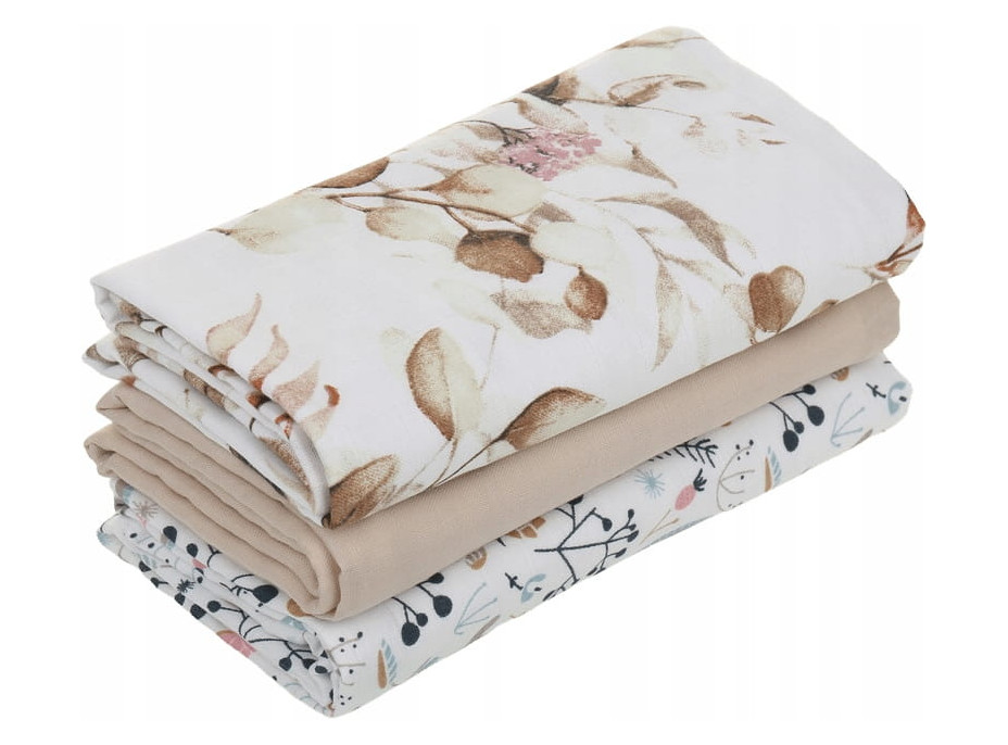 Detské mušelínové plienky PREMIUM 70x75 cm - sada 3 ks - Zlaté kvety a kríčky