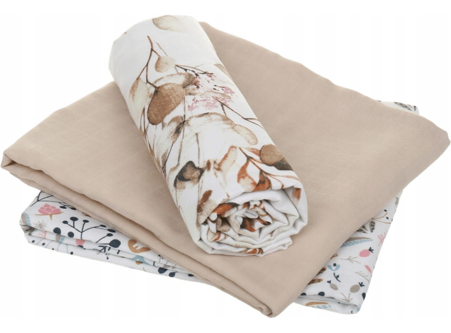 Detské mušelínové plienky PREMIUM 70x75 cm - sada 3 ks - Zlaté kvety a kríčky