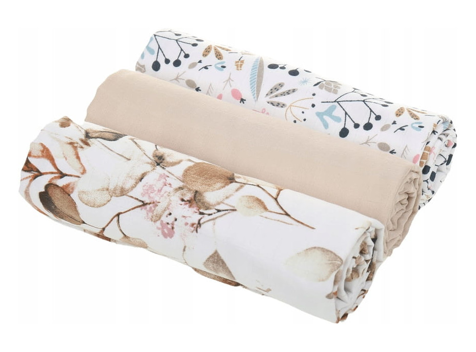 Detské mušelínové plienky PREMIUM 70x75 cm - sada 3 ks - Zlaté kvety a kríčky