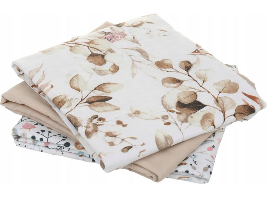 Detské mušelínové plienky PREMIUM 70x75 cm - sada 3 ks - Zlaté kvety a kríčky