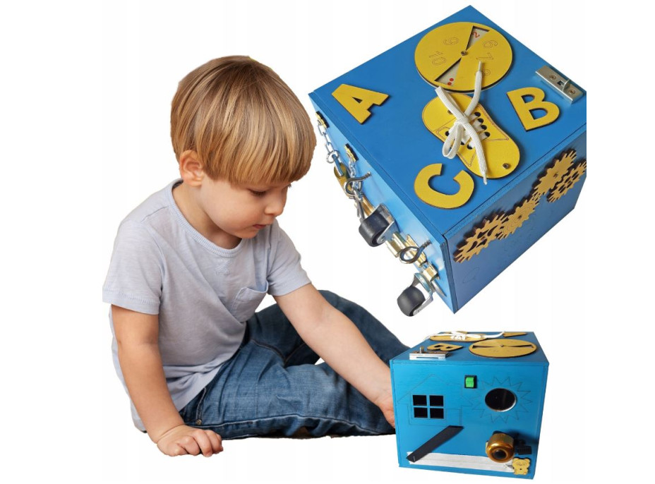 Drevená edukačná kocka 20,5x20,5x20,5 cm - modrá