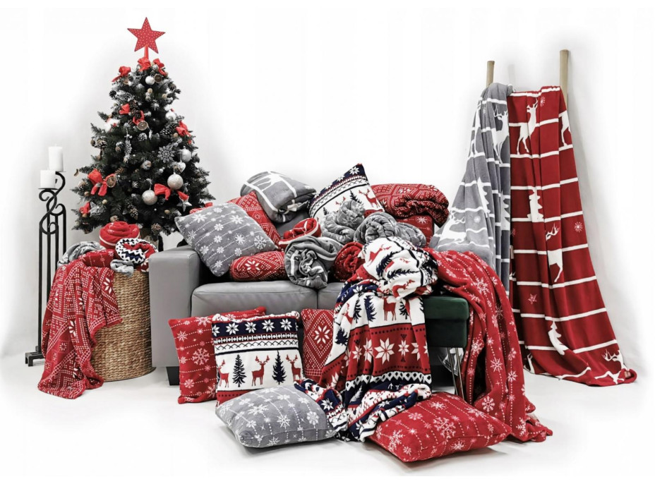 Deka NOVEL 150x200 cm - vianočné ornamenty - červená / biela