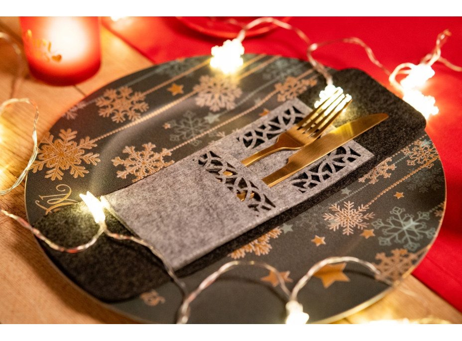 Vianočný obal na príbory - 4 ks - šedé - ornamenty