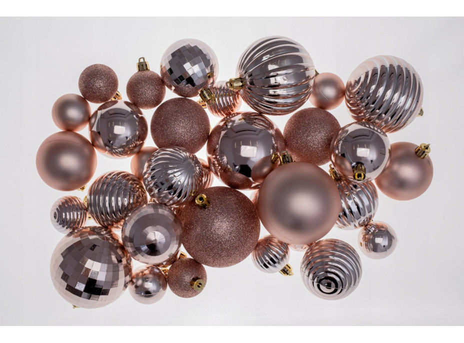Vianočné závesné banky na stromček - 3 veľkosti - 6 druhov - 36 ks - rose gold