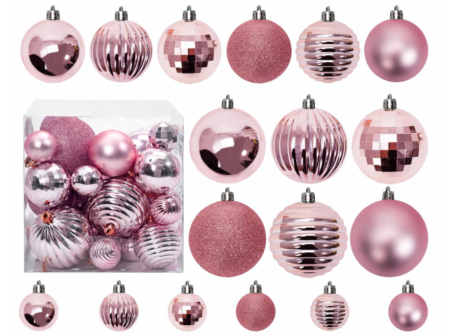 Vianočné závesné banky na stromček - 3 veľkosti - 6 druhov - 36 ks - ružové