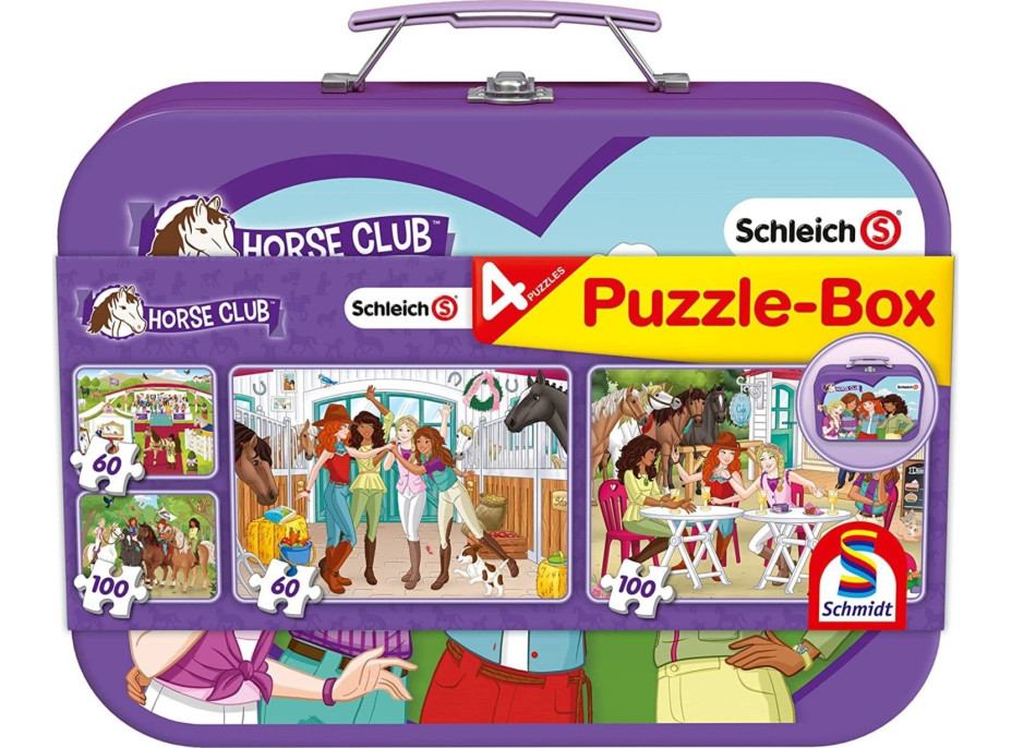 SCHMIDT Puzzle Schleich: Horse Club 4v1 v plechovom kufríku (60,60,100,100 dielikov)